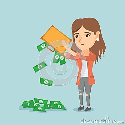 Penniless woman shaking out money from briefcase. Vector Illustration