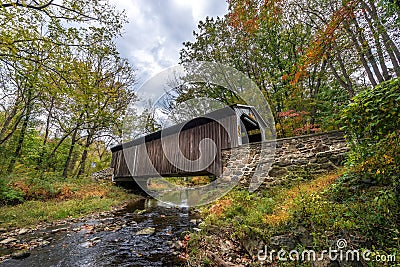 Pennsylvania Covered Bridge in Autumn Stock Photo