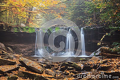 Pennsylvania Waterfall Foggy Autumn Morning Stock Photo