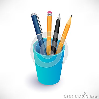 Pens and pencils in blue cup Vector Illustration