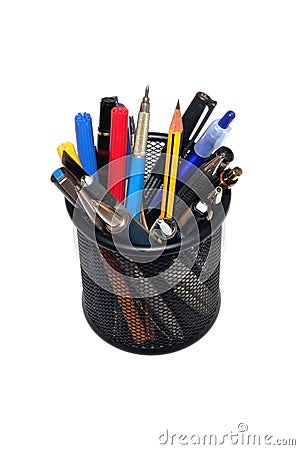 Pens and Pencils in black holder Stock Photo