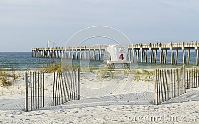 Pensacola Beach Dunes and Fishing Pier Stock Photo