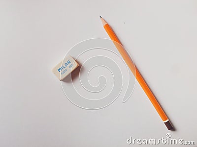 Pensil and eraser on paper Editorial Stock Photo