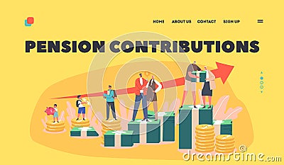 Pension Contributions Landing Page Template. Retirement Profit. Kid, Student and Senior Characters on Money Chart Vector Illustration