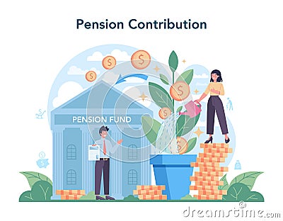 Pension contributions. Saving money for retirement, financial independence Vector Illustration