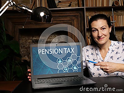 PENSION TAX sign on the screen. A retirement plan that requires an employer to make contributions to a pool of funds set aside Stock Photo