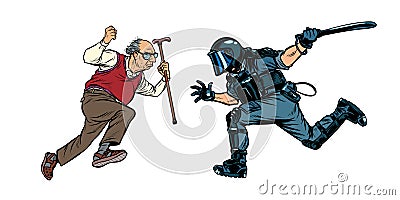 Pensioners against the police. riot police with a baton Vector Illustration