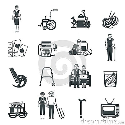 Pensioners Life Black White Icons Set Vector Illustration