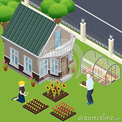 Pensioners Garden Work Isometric Illustration Vector Illustration