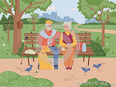 Pensioners sitting on bench in park elderly people Vector Illustration