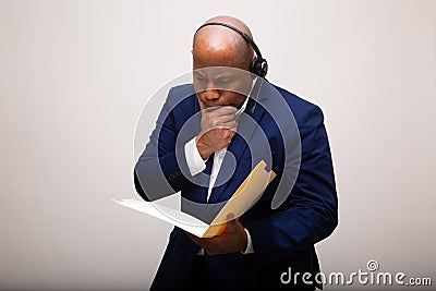 Pensive African American Businessman Looks Through File Stock Photo