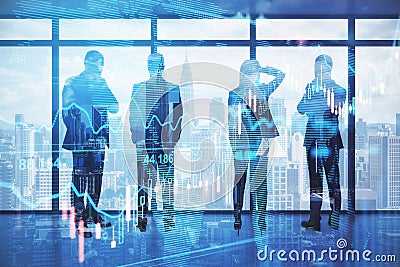 Pensive backlit businesspeople standing in blurry office with forex chart and city view. Meeting and stock market concept. Stock Photo