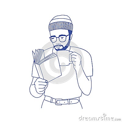 Pensive bearded man with glasses holding cup, drinking coffee and reading book. Portrait of smart stylish guy hand drawn Vector Illustration