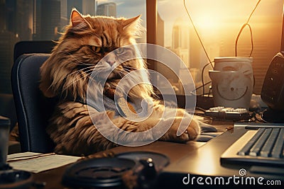 Pensive Bengal cat in a blue tie near a laptop and a diary sits, home office. Remote work, freelance Stock Photo