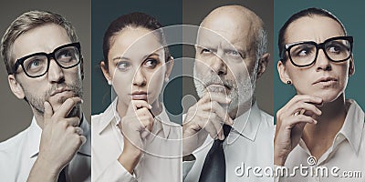 Pensive business people thinking with hand on chin Stock Photo