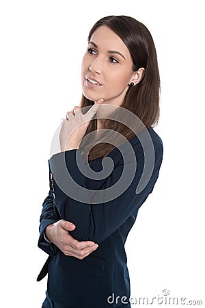 Pensive business woman touching chin - isolated on White. Stock Photo