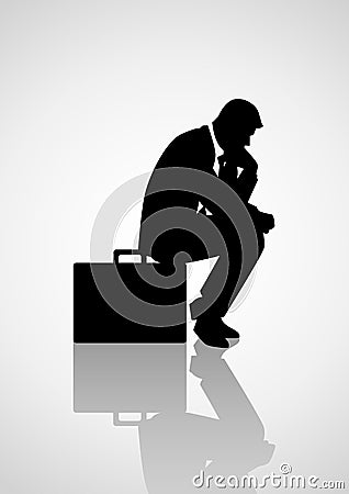 Pensive businessman sitting on his briefcase Vector Illustration