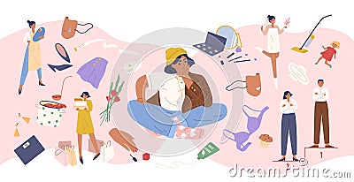 Pensive casual woman surrounded by abstract different things vector graphic illustration. Cartoon female character Vector Illustration