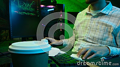 Pensive Caucasian man professional software engineer guy male coder programmer crypto specialist drinking coffee Stock Photo
