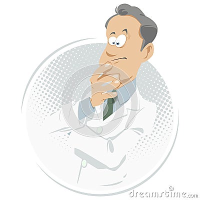 Pensive doctor. Scientist ponders problem. Man in white coat. Illustration for internet and mobile website Vector Illustration