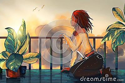 Pensive and dreamy lonely young woman sitting on the terrace looking at the clouds and sunset. Colorful drawing illustration. Cartoon Illustration