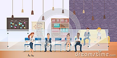 Pensive Employee Sit in Queue for Job Interview Vector Illustration