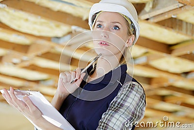 pensive female inspector in renovation property Stock Photo