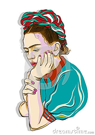 Pensive Frida Kahlo. Vector Illustration