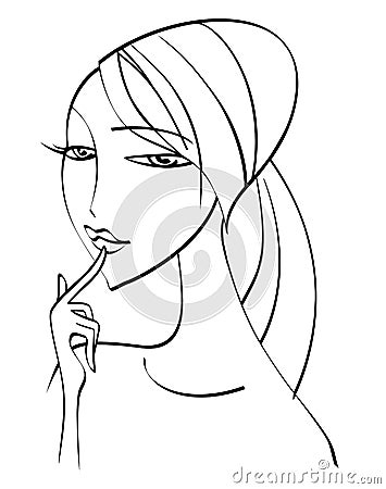 Pensive girl presses her index finger to her lips. Line drawing. Isolated on a white background Stock Photo