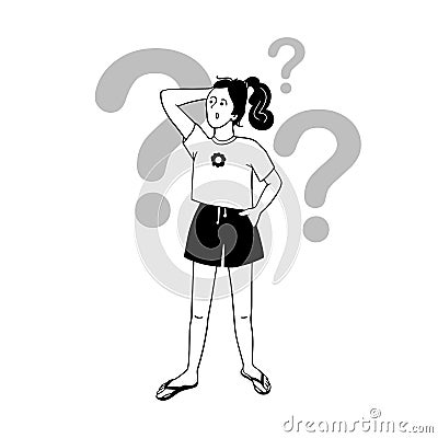 Pensive girl with question marks, vector image. Vector Illustration