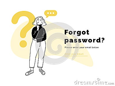 Pensive girl remembers her password with question Cartoon Illustration