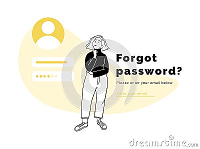 Pensive girl remembering a password, flat design. Vector Illustration