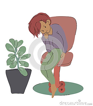 A pensive girl sits on an office chair next to a flowerpot at home. problem of choice. business concept. Vector Illustration