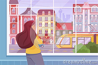 Pensive girl standing, looking through window glass at tram and street of summer old city Vector Illustration