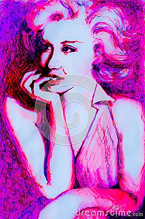 Pensive Ink drawing of 1950's lady in neon pink inspired by images of Marilyn Monroe Stock Photo