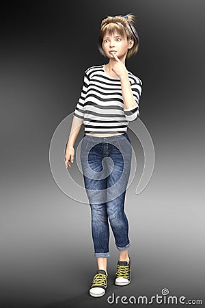 Pensive looking CGI Child or Young Teen Girl Character Stock Photo