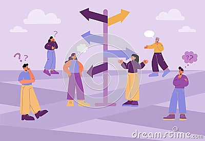 Pensive people on crossroad with direction sign Vector Illustration