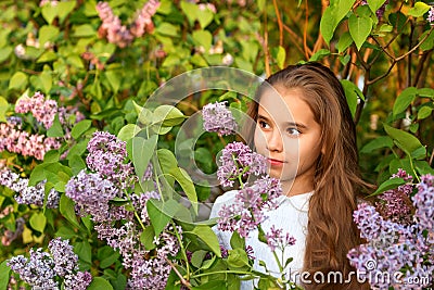 Pensive portrait of a teenage girl in lilac bushes in a white dress Stock Photo