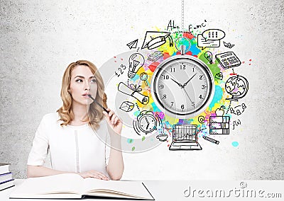 Pensive red haired woman, time management Stock Photo