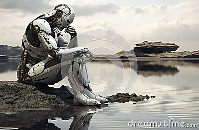 Pensive Robot sits on the river bank Stock Photo