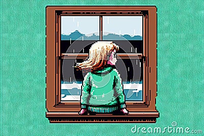 Pensive serious girl looking through window at home, 8 bit style, clear style Stock Photo