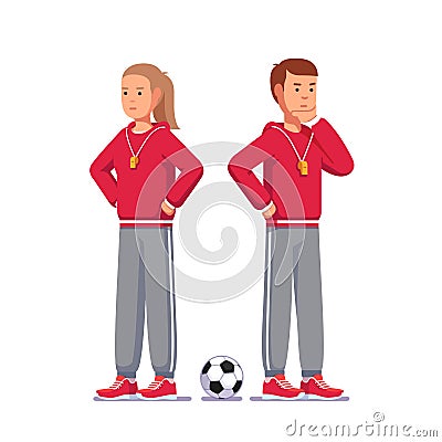 Pensive soccer coach standing next to soccer ball Vector Illustration