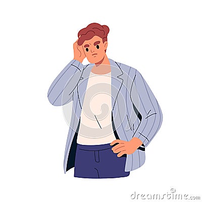 Pensive thoughtful man doubting, worrying, thinking. Puzzled troubled confused person scratching head. Perplexed anxious Vector Illustration