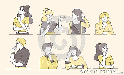 Pensive, thoughtful people cartoon vector illustrations. Young guys and girls thinking, pensive, puzzled women, men with Vector Illustration