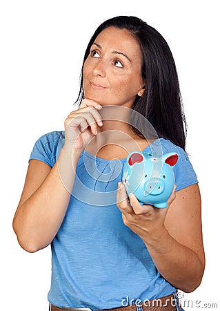 Pensive woman with a blue money-box Stock Photo