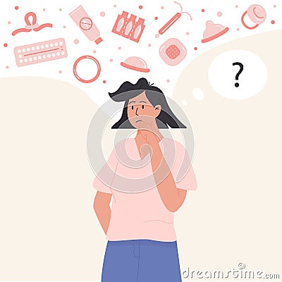 Pensive woman choosing contraception method. Thoughtful female person thinking about contraceptives. Concept of safe sex Vector Illustration