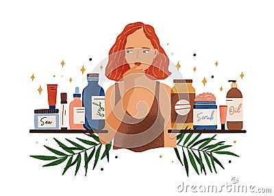 Pensive woman choosing organic cosmetics vector flat illustration. Thoughtful female choose natural beauty care product Vector Illustration