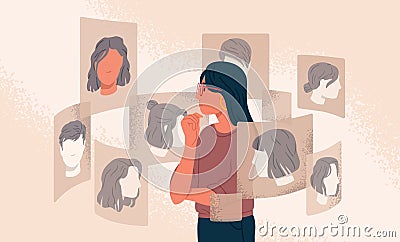 Pensive woman looking at different various choice hairstyle vector graphic illustration. Girl choosing new haircut at Vector Illustration