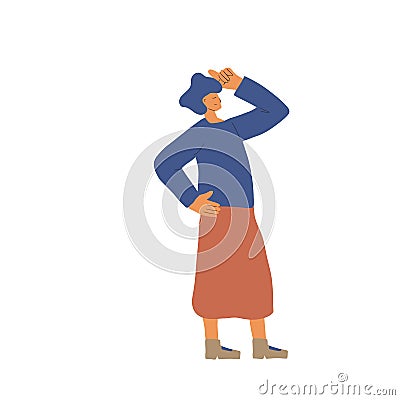 Pensive woman standing isolated on white background Vector Illustration