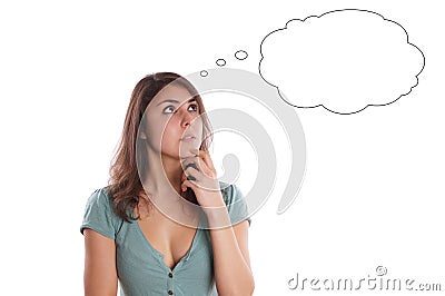 Pensive woman with thought bubble Stock Photo